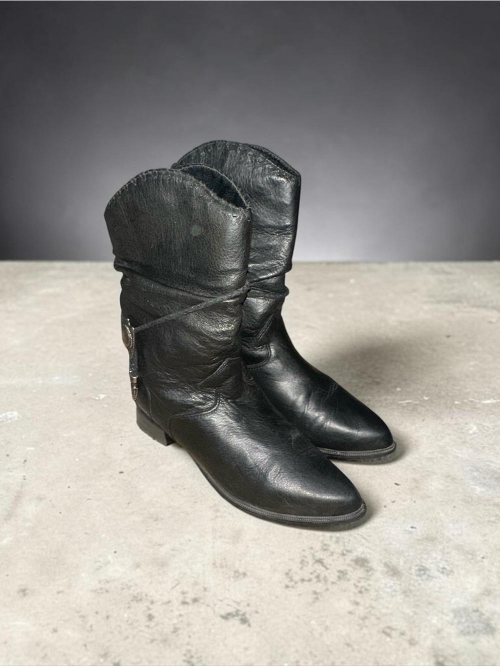 Zodiac Vintage Slouch Western Cowboy Boots Bolo Tie Detail Black Size 10 Y2K